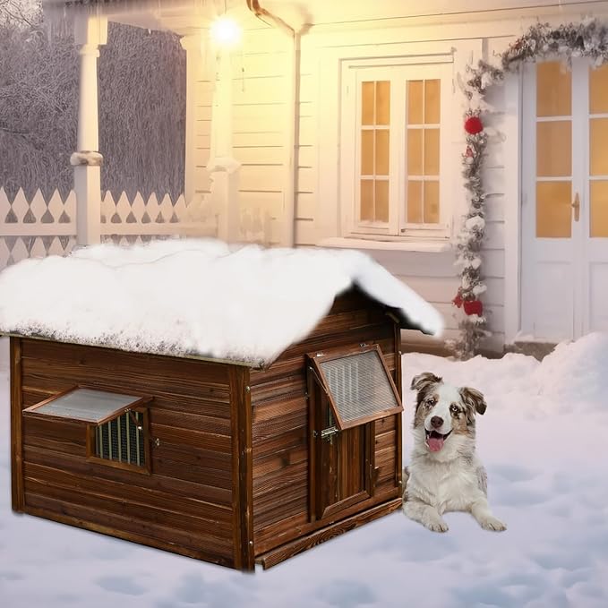 Luxury Pine Wood Dog House Outdoor for Large Breed Dogs with Weatherproof Asphalt Roof,Removable Floor,Lockable Door,Adjust Windows,Dog Kennel Outside Easy to Clean