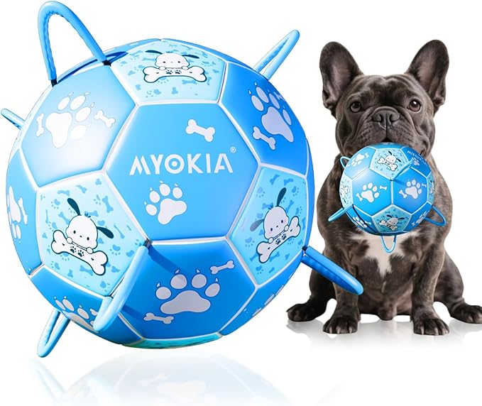 Size 2 Blue Dog Soccer Ball with Straps Eye-Catching Bone and Paw Print Design, Ultra-Durable Training Ball for Pets Interactive Outdoor Dog Toy, Perfect for Small to Medium Puppies
