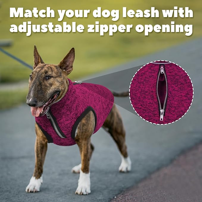 ROZKITCH Dog Sweater, Knit Dog Jacket with Fleece Lining, Dog Coats for Small Dogs with Zipper Opening for Harness, Fleece Dog Jacket Adjustable Neck Reflective Pet Jacket Rosered L