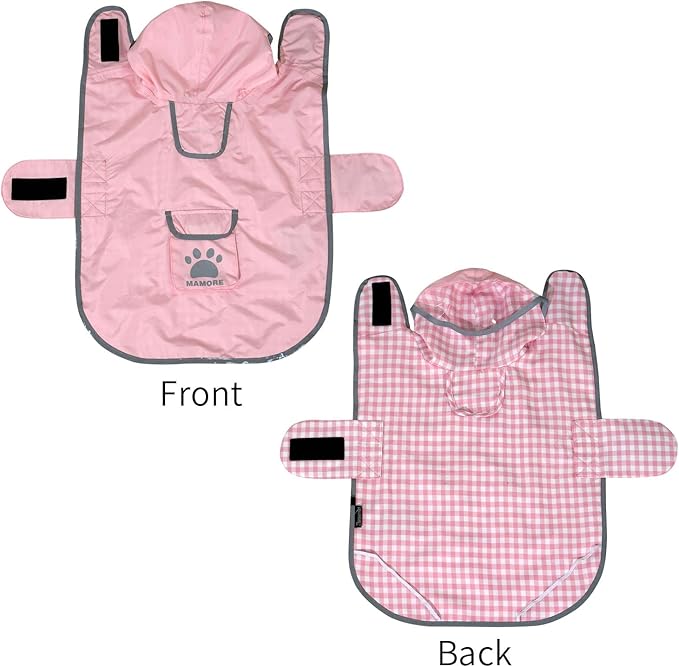 MAMORE Dog Raincoat Reversible,Waterproof Dog Rain Coat Hooded Slicker Poncho with Reflective Strip, Plaid Double Layer Rain Jacket for Small Medium Large Dogs (Pink, XX-Large)