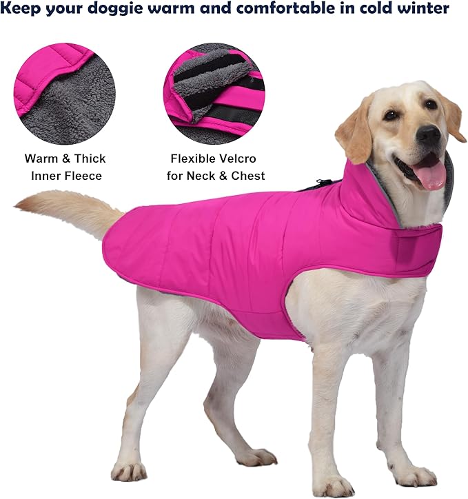 Dog Winter Coat, Waterproof Dog Jacket with Leash Hole, Reflective Adjustable Pet Snow Vest, Warm Fleece Sweater for Small Medium Large Dogs - Pink, 2XL