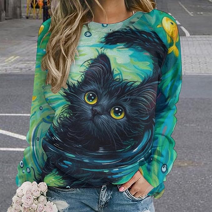 Long Sleeve Shirts for Women Cat Oil Painting Shirt 3D Graphic Sweatshirts Fall Pullover Crewneck Vintage Boho Tops