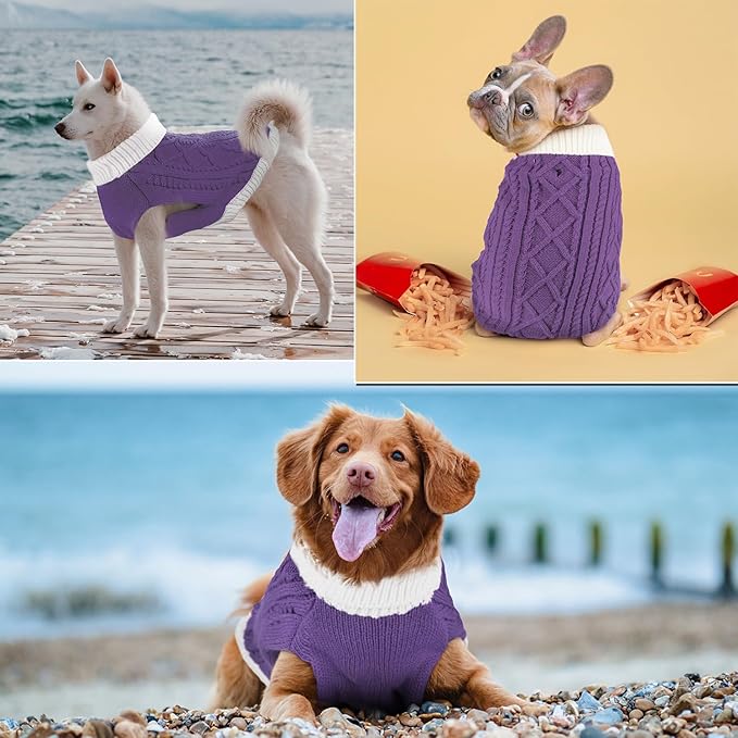 Small Dog Sweaters with Leash Hole Turtleneck Dog Sweaters Knitwear Boys Girls Warm Soft and High Stretch Pet Clothes for Fall Winter，Pet Shirts for Kitten Puppy Purple Large