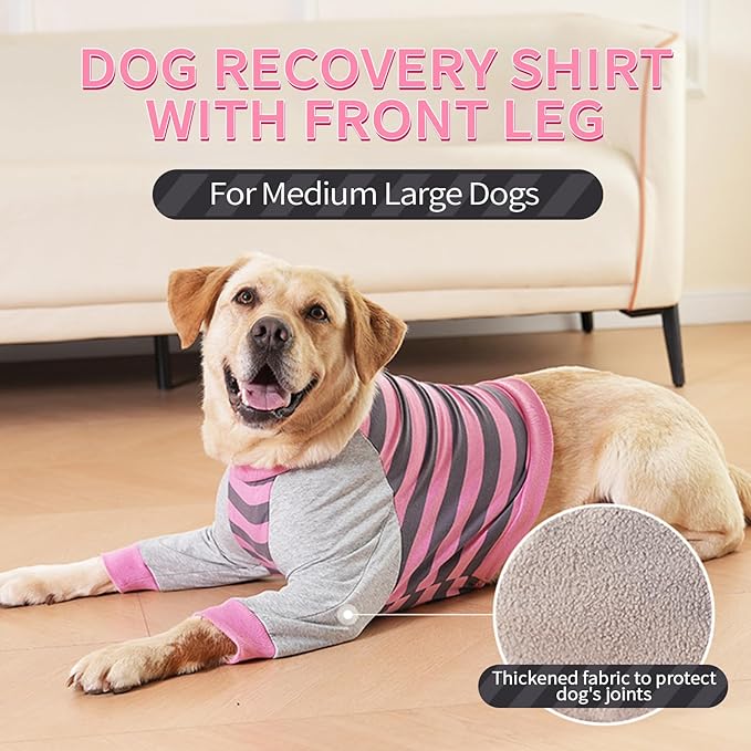 FUAMEY Dog Recovery Sleeve with Elbow Protector,Dogs Shirt Stop Licking Joints,Pet Long Sleeve Suit Protecting Dog's Front Leg Arm Wounds Cover Skin Conditions Pink Stripes XL