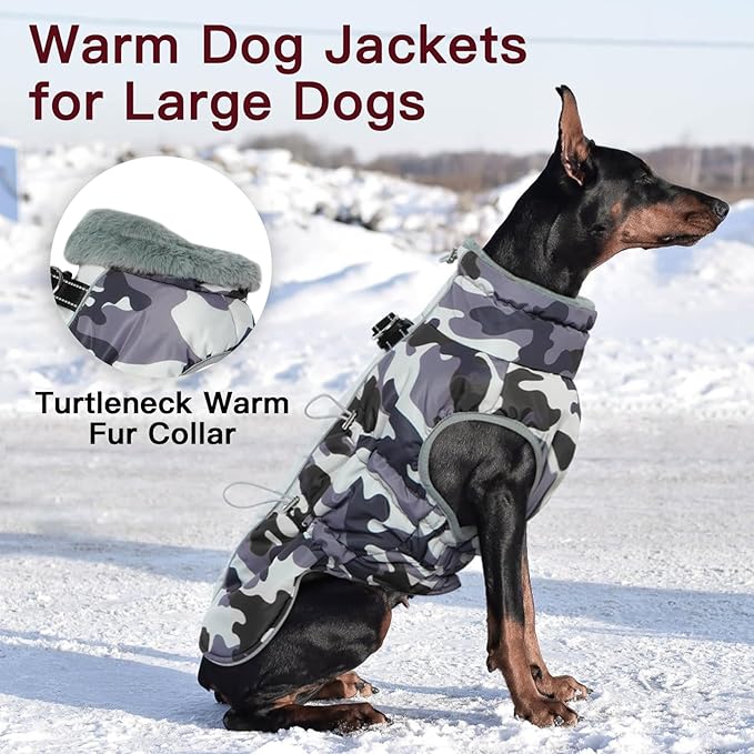 Dog Coat Dog Winter Jacket-Large, Warm Dog Coat Zip Up Snowsuit Dog Harness Vest Reflective Water-Resistant Dog Coat Dog Snow Jacket for Large Dogs French Bulldog, Pug, Grey-Camouflage