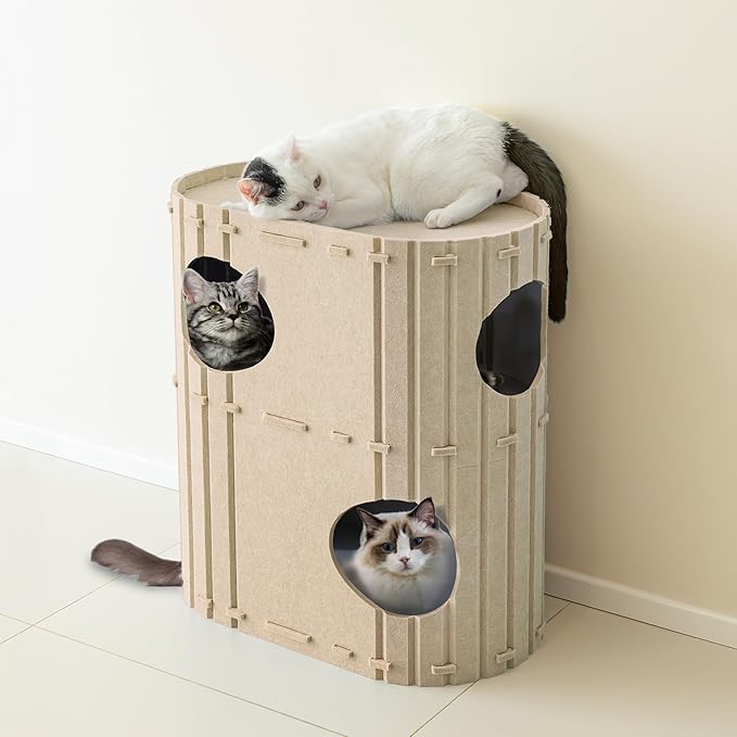 PETKARAY 2-Story Felt Cat House, Large Bed Cave for Indoor Cats, Felt Tunnel Hideaway Condo for Multi-Cat Households, 23.6x22x12 inches, Beige