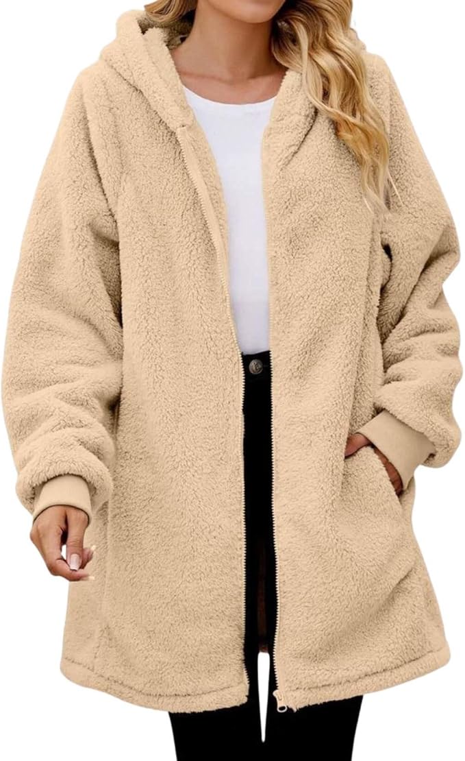 LIZALIG Women's Oversized Fleece Jacket Hooded Zip-Up Cardigan Coat with Pockets Warm Winter Casual Wear for Vacation