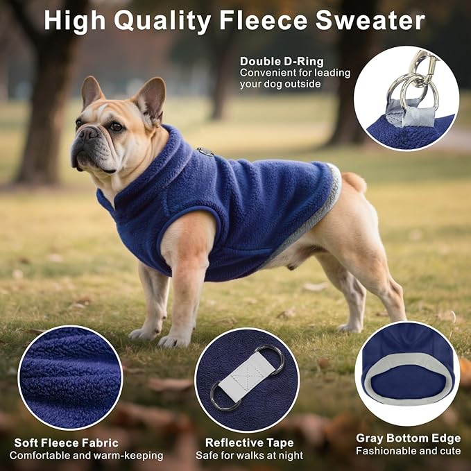 Idepet 2 Pack Dog Fleece Vest Sweater Warm Pullover Jacket with D-Ring Leash Reflective Winter Coat Hoodie for Puppy Cat French Bulldog Pug Chihuahuas Yorkies Dachshunds(Black&Blue,X-Large)