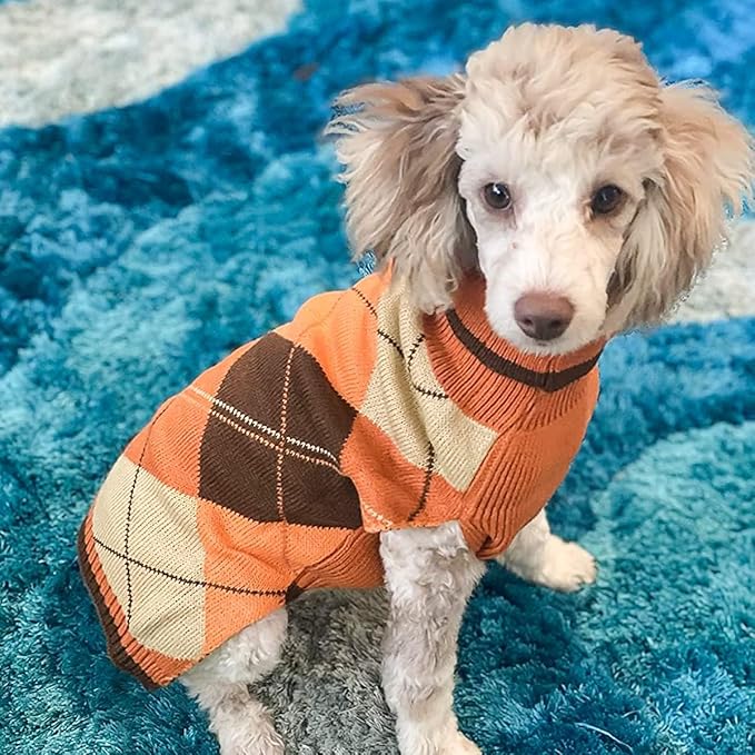 KOOLTAIL Fall Dog Sweater Pet Knitted Clothes - Thanksgiving Classic Plaid Pullover Turtleneck Dog Sweaters with Leash Hole, Thick Cold Weather Pet Outfits for Small Medium Large Dogs Cats Puppy, ML