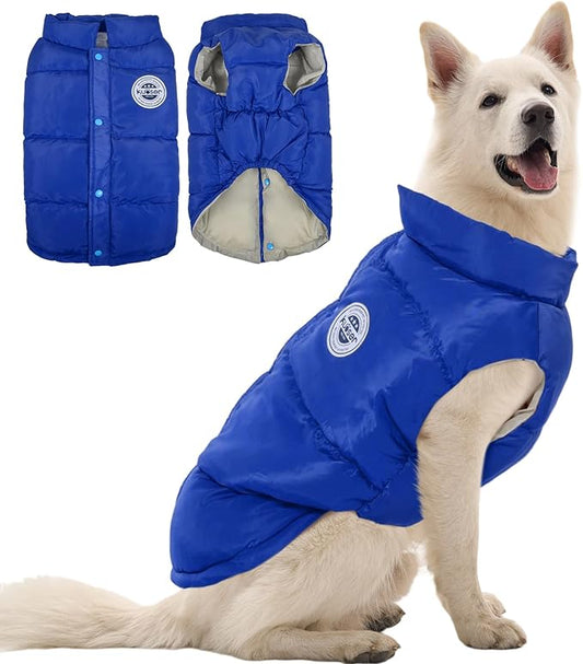 Kuoser Dog Coat Warm Dog Puffer Jacket, Windproof Dogs Padded Vest Lightweight Cold Weather Coats Pet Snowsuit Soft Puppy Winter Clothes for Large Dogs, Button Design, Easy On/Off, Blue XL