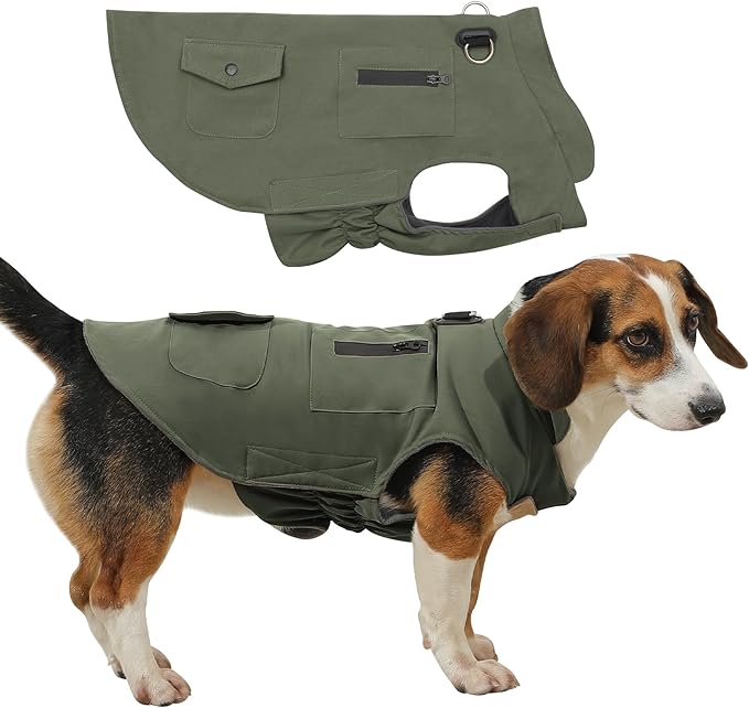Workwear Style Dog Coats with Harness Built in for Small Dogs Windproof Warm Puppy Jacket with Storage Pockets for Cold Winter,Green XXXL