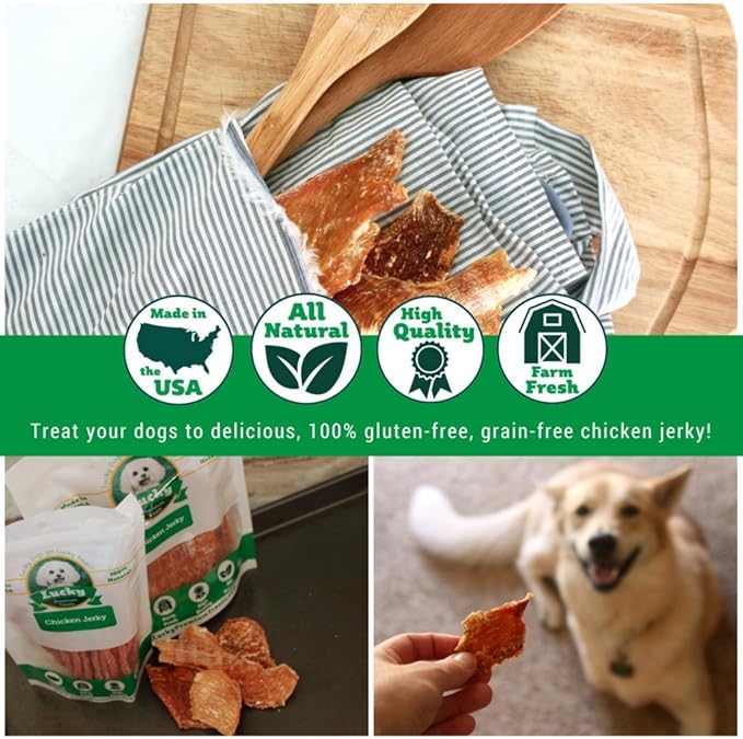 Lucky Premium Treats Chicken Jerky Bits and Strips – Chicken Jerky Treats Made with Sliced, All Natural Lean Dehydrated Chicken Breast (13 oz)