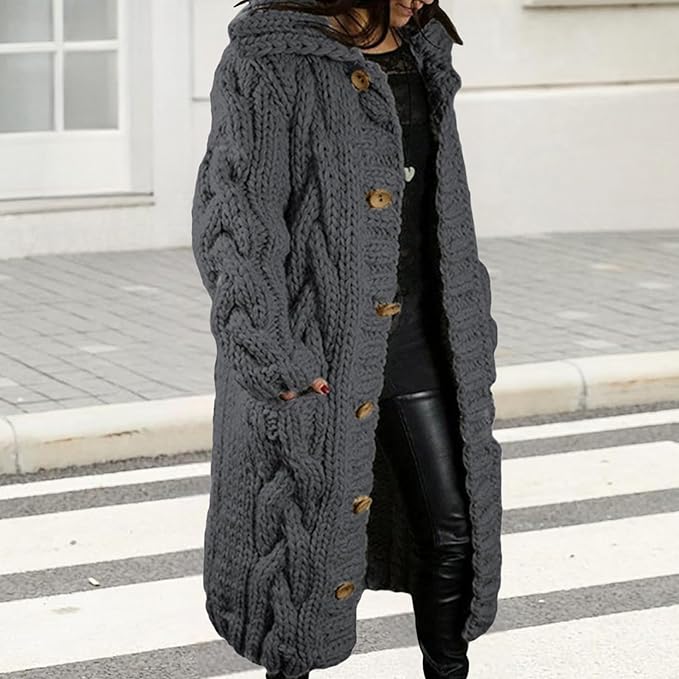 LOAIHA Women Chunky Cable Knit Long Sleeve Cardigan Fall Winter Trendy Oversized Button Down Sweaters Outerwear with Pocket