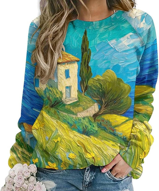 Long Sleeve Shirts for Women Cat Oil Painting Shirt 3D Graphic Sweatshirts Fall Pullover Crewneck Vintage Boho Tops