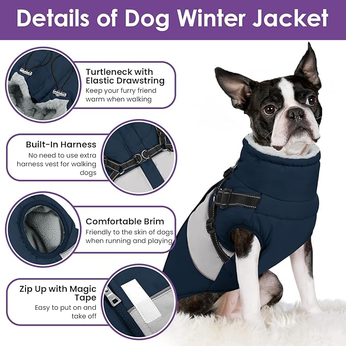 SUNFURA Dog Coat for Large Dogs, Warm Pet Jacket Winter with Harness Built in, Waterproof Pet Snow Jacket with Furry Collar, Reflective Fleece Snowsuit for Extra Large Dogs, Navy Blue XL