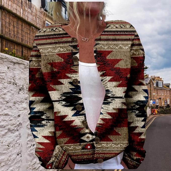 HOTYD Aztec Print Cardigans Sweaters for Women Crewneck Graphic Button Cardigan Casual Chunky Knit Sweater Fall Outfits