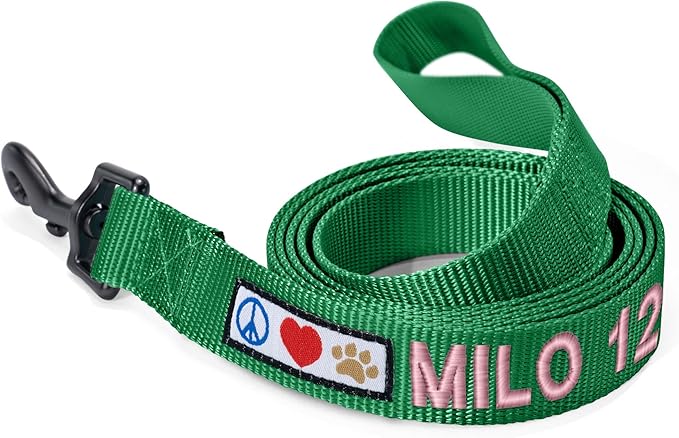 Pawtitas Personalized Dog Leash - Embroidered Custom Leash with Pet Name & Phone Number, 6 ft Long, Medium & Large Sizes, Lush Green Custom Engraved Name