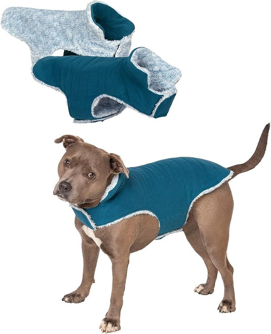 Furhaven Reversible Medium Dog Coat, Washable & Insulating w/ Leash Access - Two-Tone Faux Fur & Quilted Fleece Flex-Fit Jacket - Marine Blue, Medium
