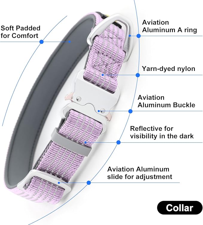 Plutus Pet Reflective Dog Collar with Aviation Aluminum Buckle, Neoprene Padded for Comfort, Lightweight, Heavy Duty Nylon Collar for Puppy Small Medium Large Dogs (Lilac Purple, S)