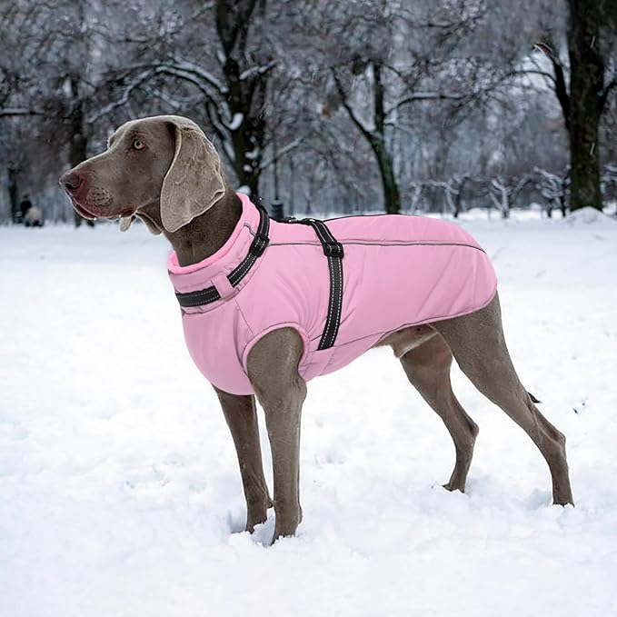 Lelepet Warm Dog Winter Coat Waterproof Dog Jacket with Harness Built in, Reflective Windproof Fleece Jacket, Dogs Coats for Medium Dogs, Thermal Turtleneck Pet Snowsuit for Outdoor, Schnauzer, Pink M