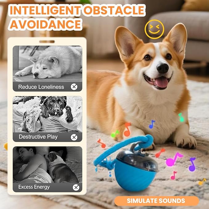 Interactive Dog Toys Ball, 2026 New Smart Pet Puppy Ball with Ropes, Random Path Electric Automatic Moving and Rolling Dogs Toy, for Small Medium Large Dogs Daily Training (Blue)