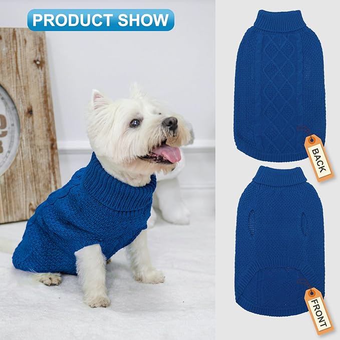 Mihachi Turtleneck Dog Sweater - Winter Coat Apparel Classic Cable Knit Clothes with Leash Hole for Cold Weather, Ideal Gift for Pet in New Year Royal Blue Small