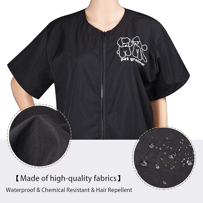 Noverlife Short Sleeves Pet Grooming Work Clothes with Full Zipper, 3XL Size, Splash Proof Anti-Static Pet Beautician Smock, Dog Cat Groomer Cosmetologist Uniforms for Pet Shop Men Women