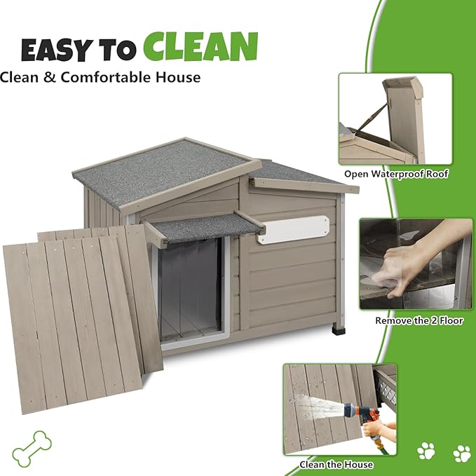 Large Outdoor Wooden Dog House, Weatherproof Dog Houses with Adjustable Vent Windows, Alloy Chew-Resistant Frame, Removable Floor for Medium & Large Dogs, (43.5" L x 29.5" W x 33.5" H)