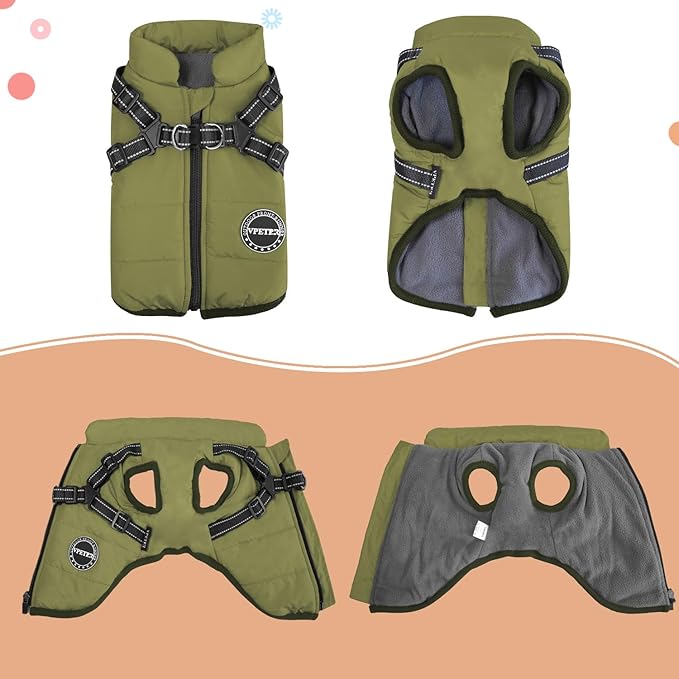 Dog Winter Coat,Warm Jacket Paded Fleece Pet Vest with Built in Harness,Windproof Reflective Cozy Adjustable Snow Pet Coat Clothes with Zipper for Small Medium Large Dogs