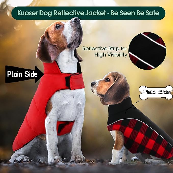 Kuoser Dog Winter Coat, Reversible Waterproof Dog Jacket with Reflective Strip, Warm Dogs Fleece Vest Adjustable Doggy Cold Weather Clothes Plaid Christmas Outfit Pet Apparel for Small Dogs, Red S