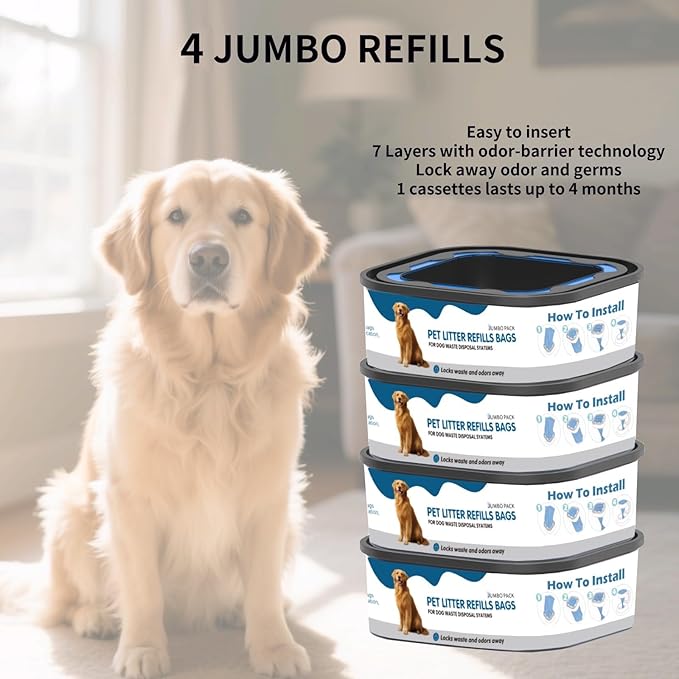 4 Pack Jumbo Square Refills Disposal Bags Refill Compatible with Pet Dogs Genie Dog Waste Disposal System Pails, Ultimate Odor Control Dog Poop Bags