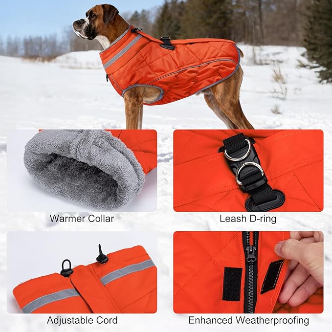 Dog Coat, Warm Dog Winter Coat for Medium Dogs, Waterproof Jacket with Harness Built in, Reflective Turtleneck Cold Weather Coats with Zipper,Pet Fleece Vest Snow Jacket, Orange M