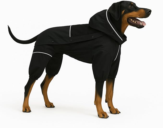 LOVELONGLONG Waterproof Dog Raincoat with Removable Hood – Outdoor Full Body Dog Jacket, Windproof Snowproof Shell Suit – All Season Pet Rain Gear Black S+