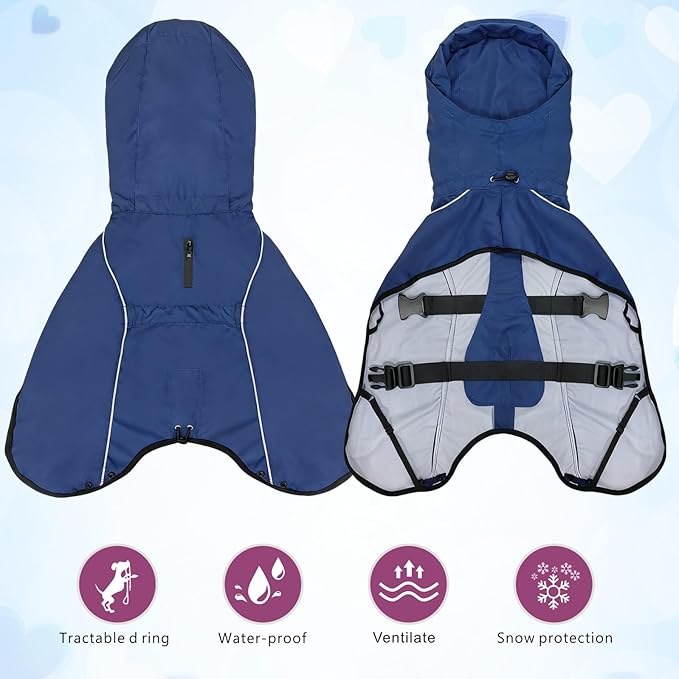 Mosucoirl Dog Raincoat Jacket Reflective Adjustable Hooded Pet Poncho Rain Coats with Leash Hole Waterproof Clothes for Small Medium Large Dogs (NavyBlue, S)