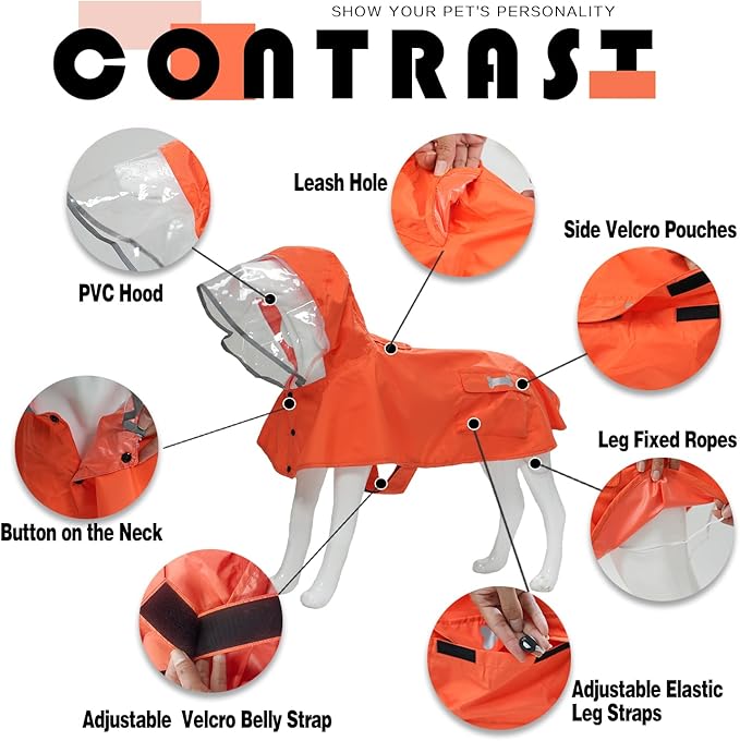 Dog Raincoat,Waterproof Rain Poncho with Hoodie, High Reflective Adjustable Pet Rain Jacket with Leash Hole for Small Medium and Large Dogs (Orange, Medium: 13-22lbs)