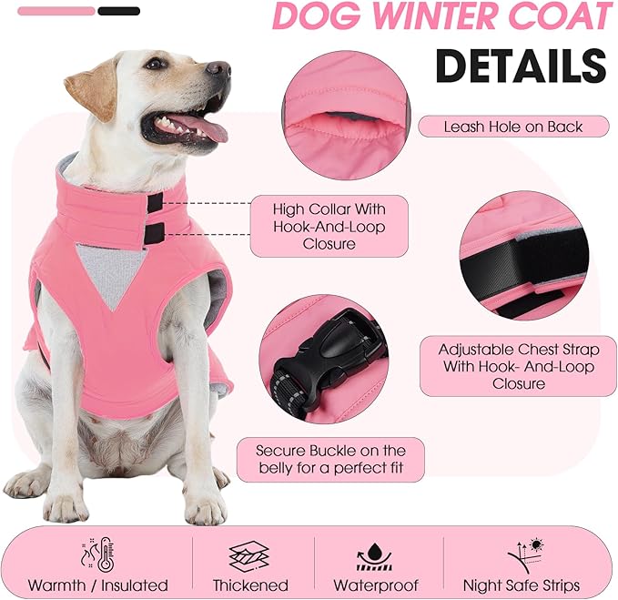 Medium Dog Coat, Warm Dog Winter Jacket, Waterproof Dogs Snowsuit with Foldable High Collar, Reflective Strips, Leash Hole, and Adjustable Hook & Loop Closure - Ideal for Cold Weather - Pink M