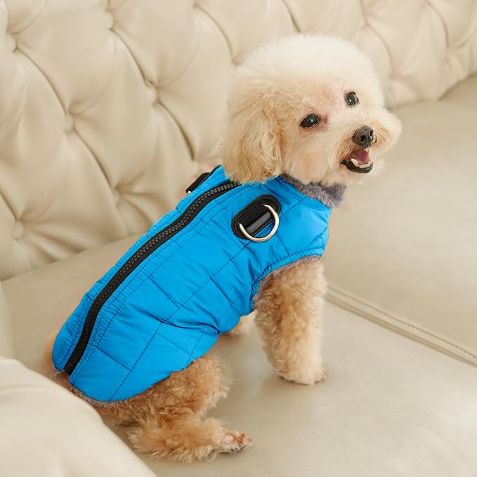 Warm Fleece Dog Coats with Durable Harness Buitl in D-Ring,Waterproof Doggie Jacket for Large Dogs,Dog Vest for Cold Winter,Light Blue XXL