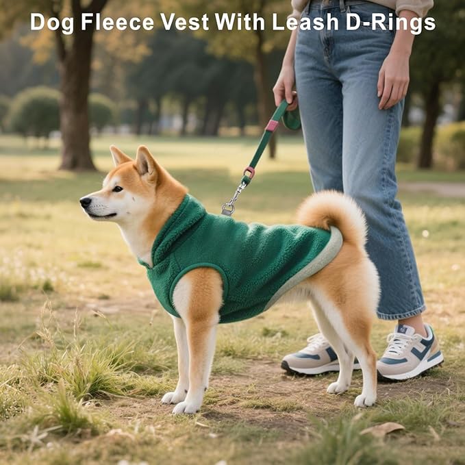 Idepet 2 Pack Dog Fleece Vest Sweater Warm Pullover Jacket with D-Ring Leash Reflective Winter Coat Hoodie for French Bulldog Pug Chihuahuas Yorkies Dachshunds(Dark Green&Grass Green,Medium)