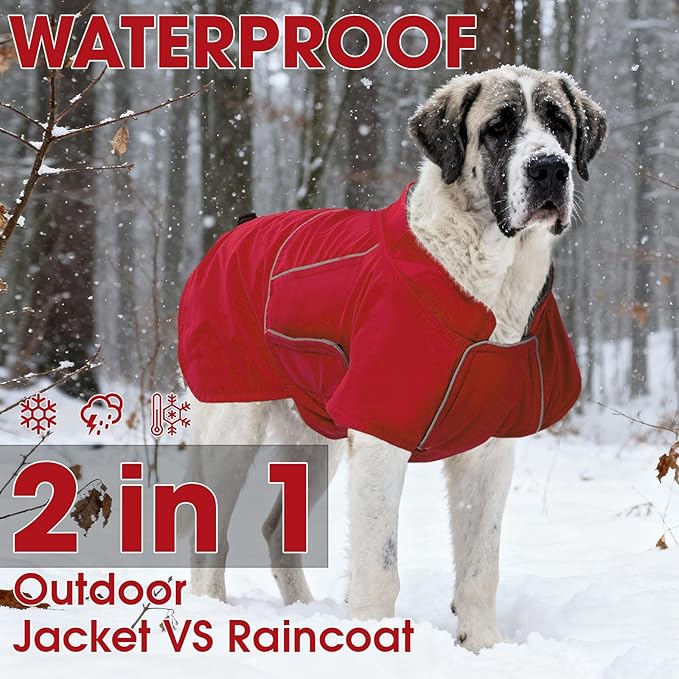 ROZKITCH Dog Jackets for Large Dogs, Coat with Harness Opening with Fleece Lining Reflective Strip for Extra Large Pet, Waterproof Adjustable Poncho Vest for Outdoor Hiking Travel Red 3XL