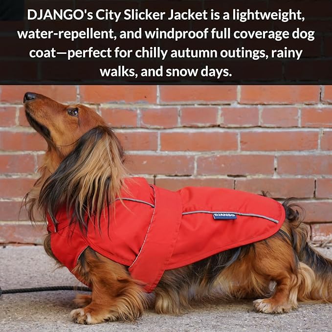 DJANGO Dog Jacket & Raincoat – Lightweight Water-Resistant Coat for Small, Medium & Long Dogs Like Dachshunds – Reflective, Adjustable Fit, Harness-Compatible & Easy-Access Harness Hole - Red, Small