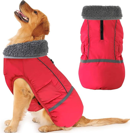Dogcheer Warm Dog Coat, Christmas Dog Jacket Waterproof Puppy Winter Coat with Buckles, Reflective Adjustable Pet Snow Jacket Turtleneck Fleece Sweater for Small Medium Large Dogs - Red, S
