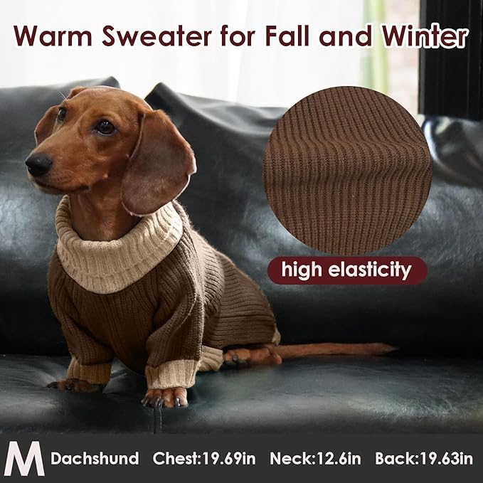 Dog Sweaters for Medium Dogs Boy Girl, Soft Turtleneck Sweater with Leash Hole, Stretchy Fall Sweater Christmas Halloween Fleece Winter Warm Pet Clothes Costume for Schnauzer Bichon Frise, Brown M
