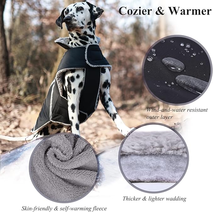VIVAGLORY Frostfit Dog Coat, Dog Jacket for Winter & Cold Weather, Warm Fluffy Fleece Lined Water Resistant Reflective for Puppy, Coat with Velcro Fastening & Leash Hole, XL, Black