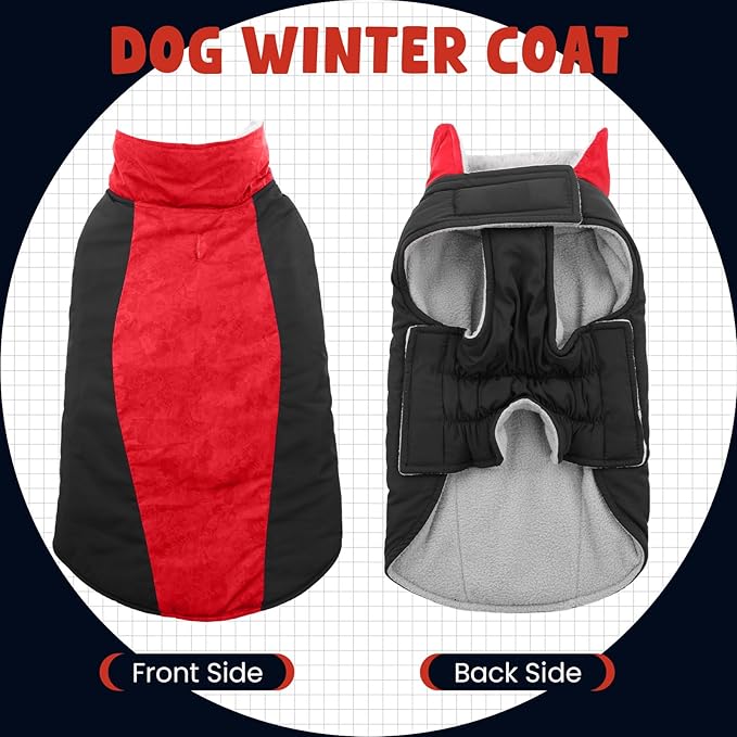 Warm Dog Coat,Waterproof Jacket in Winter Adjustable and Reversible Doggy Fleece Outfit,Thick Clothes with Foldable Collar for Puppy in Cold Days,2XL Red