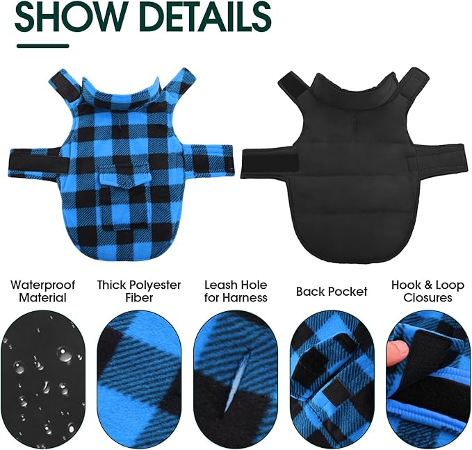 Kuoser Dog Winter Coat, Windproof Dog Fleece Jacket British Style Plaid Cold Weather Doggie Vest Coats, Reversible Cozy Warm Puppy Clothes Pet Apparel for Small Dogs XS
