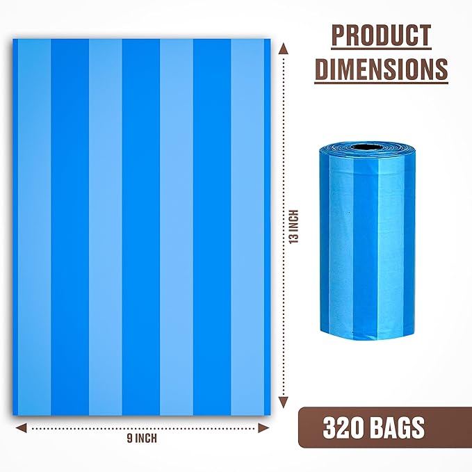Parisian Pet Ecofriendly Dog Poop Bags Rolls - 320 Count Unscented Poop Bags For Dogs - Leakproof, Extra Thick, 16 Dog Waste Bags Refill Rolls - Stripped Blue Doggie Poop Bags - Fits All Dispenser
