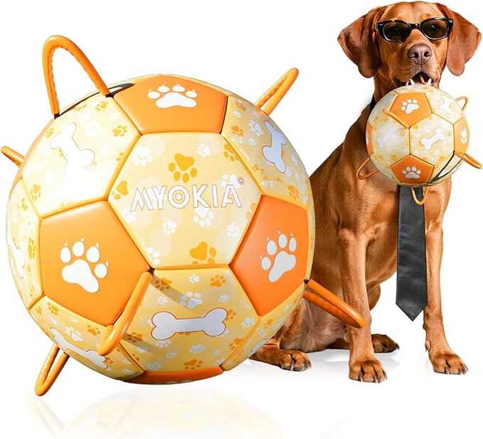 Size 3 Interactive Dog Football with Strap,Orange & Yellow, Eye-Catching Paw and Bones Design, Ideal Outdoor Training Pet Toy, Perfect Choice for Medium & Large Dogs' Playtime