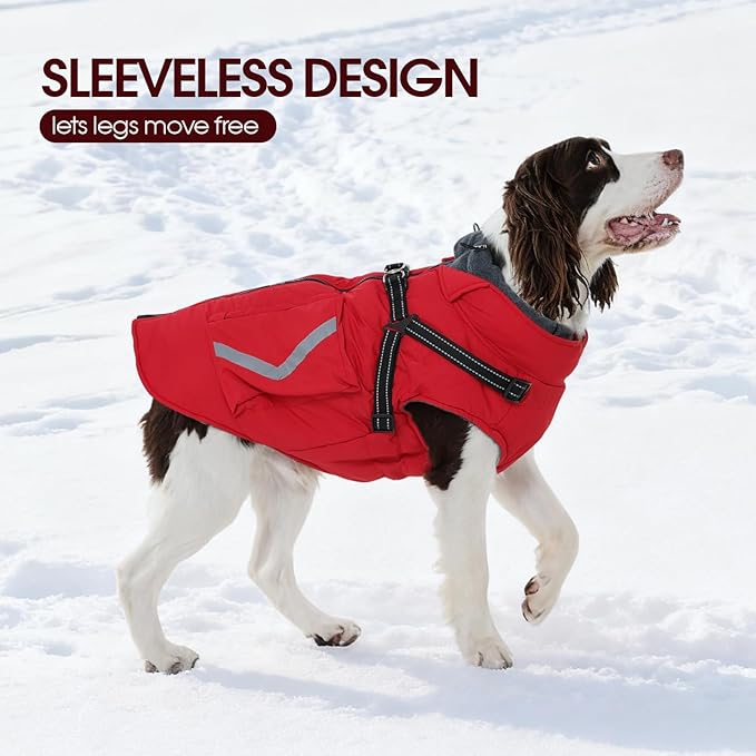 FUAMEY Dog Winter Coat with Harness, Insulated Jacket for Dogs Cold Weather Clothes, Back Zipper Doggie Cover for Snow Day, Pet Outfits with Pop Bag Pockets for Large Dogs, Boston Terrier (Red, L)