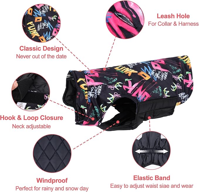 CuteBone Winter Coat Waterproof Windproof Jacket Reversible Vest Thick Adjustable Cold Weather Coats for Small Medium Large Dogs Soft With Leash Hole GMF31M