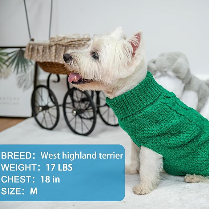 Mihachi Turtleneck Dog Sweater - Winter Coat Apparel Classic Cable Knit Clothes with Leash Hole for Cold Weather, Ideal Gift for Pet in New Year Green X-Small